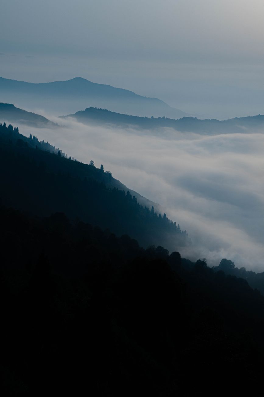 Atmospheric high mountain scenery in morning fog