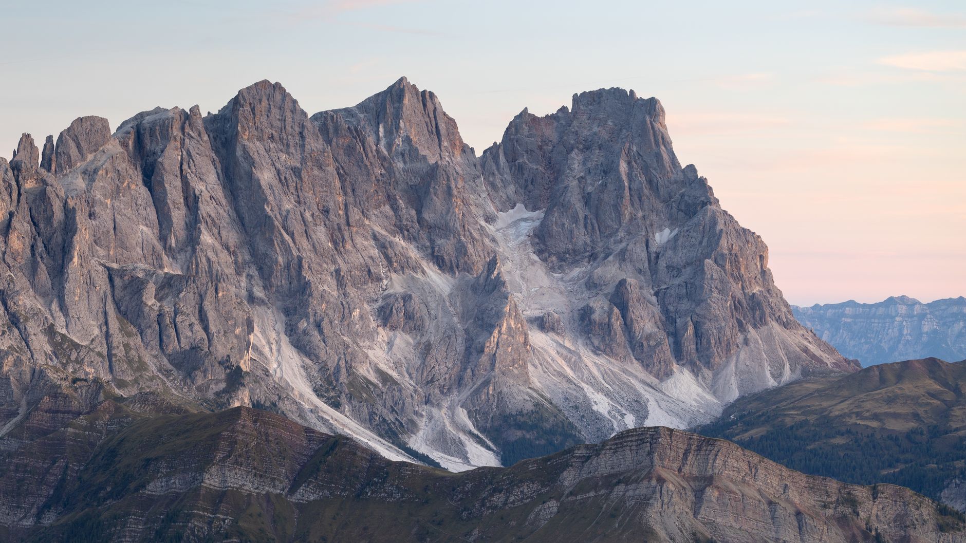 Jagged mountain spires in South Tyrol Dolomites at sunset